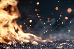 Flames and sparks rising from a rocky surface, creating a dynamic scene. photo
