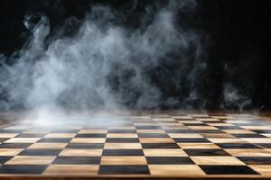 A chessboard enveloped in smoke, creating a mysterious atmosphere. photo