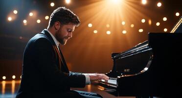 A man in a suit plays a grand piano on a well-lit stage. photo
