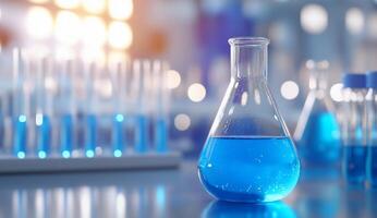 A laboratory scene with a blue solution in a flask and test tubes. photo