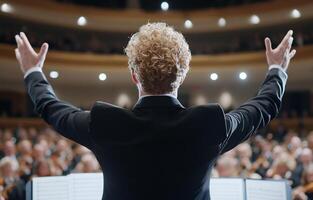 A conductor with his arms outstretched in front of an orchestra photo