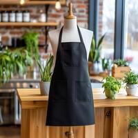 A black apron on a mannequin in front of a wooden table photo