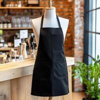 A black apron on a mannequin in front of a bar photo