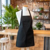 A black apron on a mannequin in front of a table photo