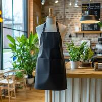 A black apron on a wooden table in front of a window photo
