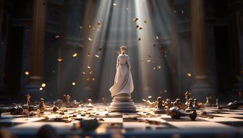A chess scene with a queen piece illuminated in a dramatic setting. photo