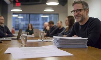 A meeting with participants discussing documents and ideas. photo