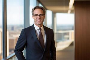 Professional man in a suit standing in a modern office setting. photo