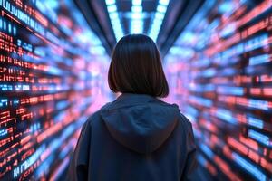 A figure stands in a futuristic corridor of glowing data streams. photo