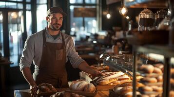 A man in an apron is standing in front of a bakery photo