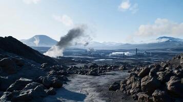 A desolate industrial landscape with smoke and rocky terrain. photo