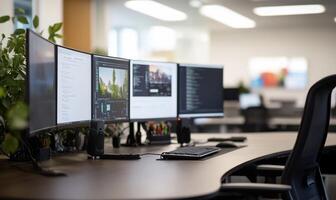 A modern office workspace with multiple monitors and plants. photo