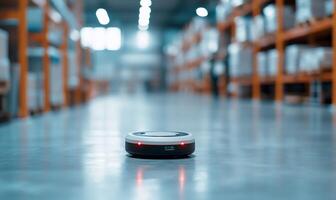 A robotic device navigating a warehouse environment for logistics tasks. photo