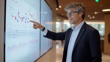 Professional discussing data on a large screen in a modern office. photo