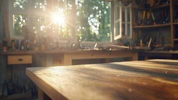 A sunlit woodworking shop with tools and a wooden workbench. photo