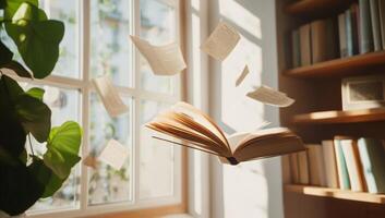 An open book with pages floating in sunlight near a window. photo