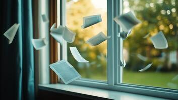 Pages floating out of an open window, capturing a moment of freedom. photo