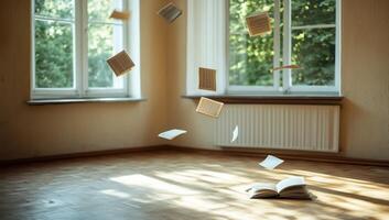 A serene room with floating books, evoking a sense of magic and wonder. photo