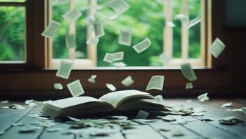 An open book with pages flying around in a serene environment. photo