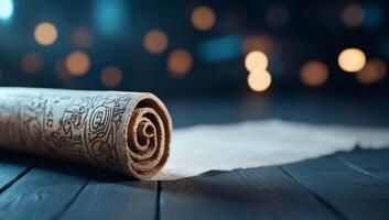 A rolled parchment scroll on a wooden surface with blurred lights. photo