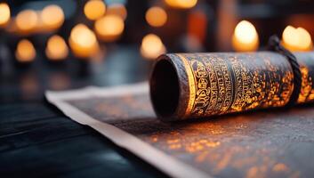 An ancient scroll rests on a textured surface, illuminated by soft candlelight. photo