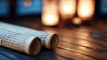 Two scrolls with text placed on a wooden surface near glowing lanterns. photo