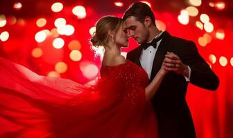 A couple dances elegantly in a romantic setting with a red backdrop. photo