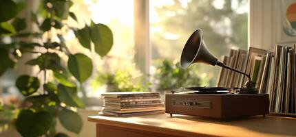 An old fashioned gramophone sits on a table next to a book photo