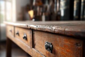 Close-up of a rustic wooden table with drawers in a workshop setting. photo