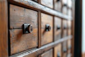 A close-up of a wooden drawer cabinet showcasing its rustic design. photo
