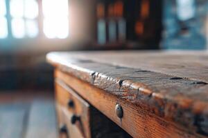 Close-up of a rustic wooden table in a softly lit interior. photo