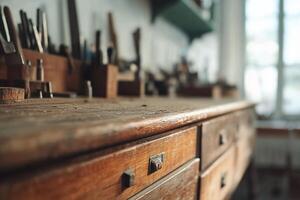 A rustic wooden workbench in a workshop, filled with tools. photo