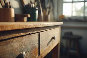 A close-up of a rustic wooden workbench in a workshop setting. photo