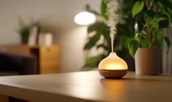 A diffuser emitting steam in a cozy indoor setting. photo