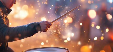 A drummer performing, creating sparks amidst a vibrant background. photo
