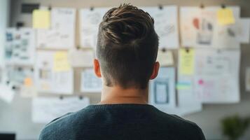 A man looking at a wall with sticky notes on it photo