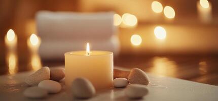 Candle and stones on a table with candles in the background photo