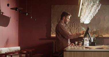 Male bar owner using computer at counter video