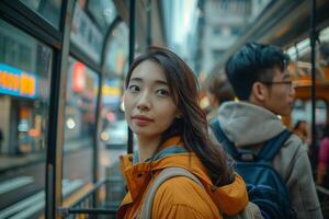 A young woman in a yellow jacket standing on a bus photo