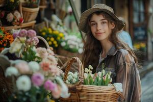 A woman is holding a basket of flowers photo