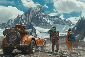 Two people standing next to an old car in front of mountains photo