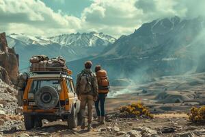 Back view of couple with backpacks and car in mountains photo