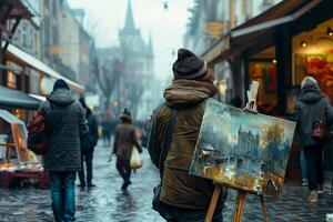 A man is holding an easel and painting on it photo