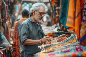 An old man is looking at a table full of colorful cloths photo