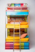 A colorful bunk bed with a ladder and bookshelves photo