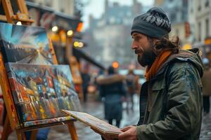 A man holding a painting photo