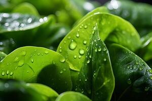 A close up of a bunch of green leaves with water droplets photo