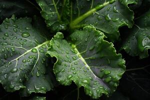 A close up of a large green leaf with water droplets photo