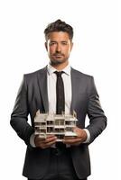 A man in a suit holding a model of a house photo