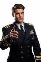 A man in a military uniform pointing at something photo